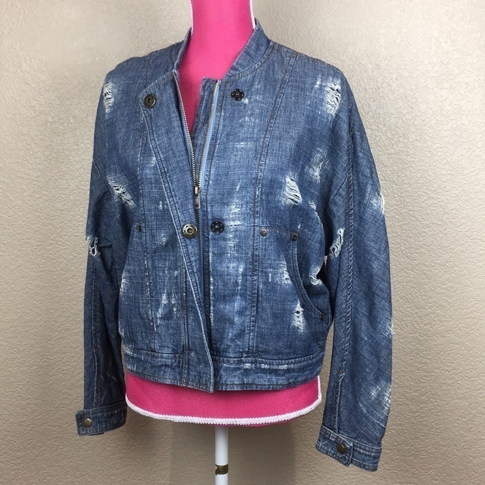 Free People Tattered Distress Tennis Jacket Indigo